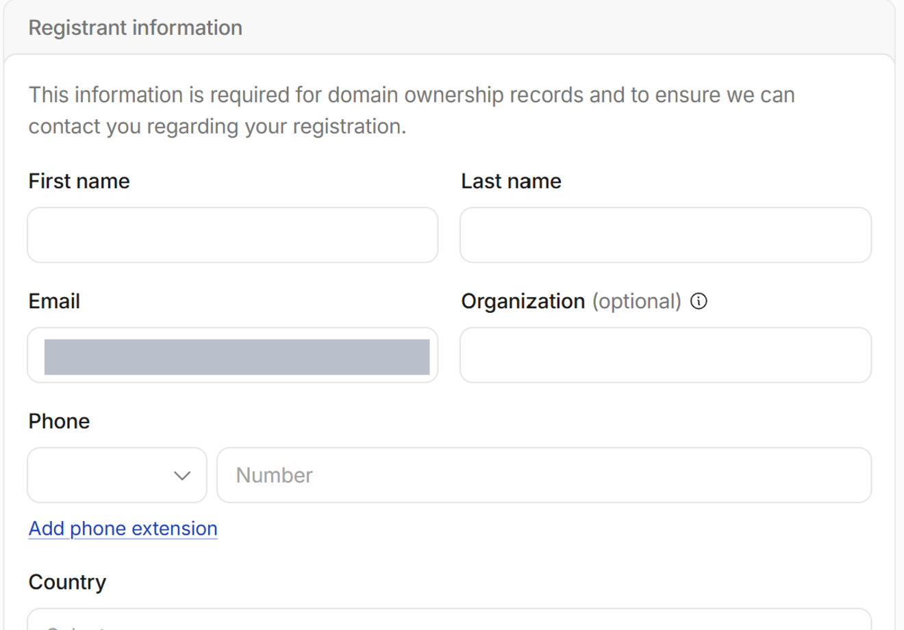 The Registrant information form, with fields for first name, last name, email, organisation, phone and country.