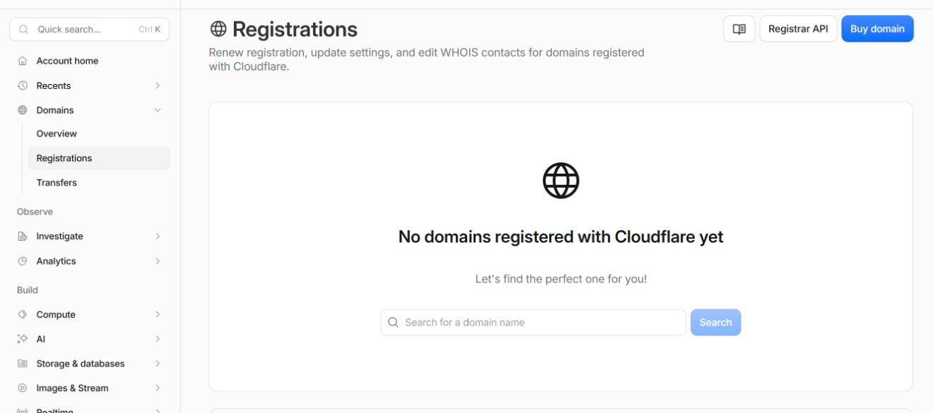 The Cloudflare dashboard on the Registrations page, with Domains open in the left menu and a search box in the middle of the page.