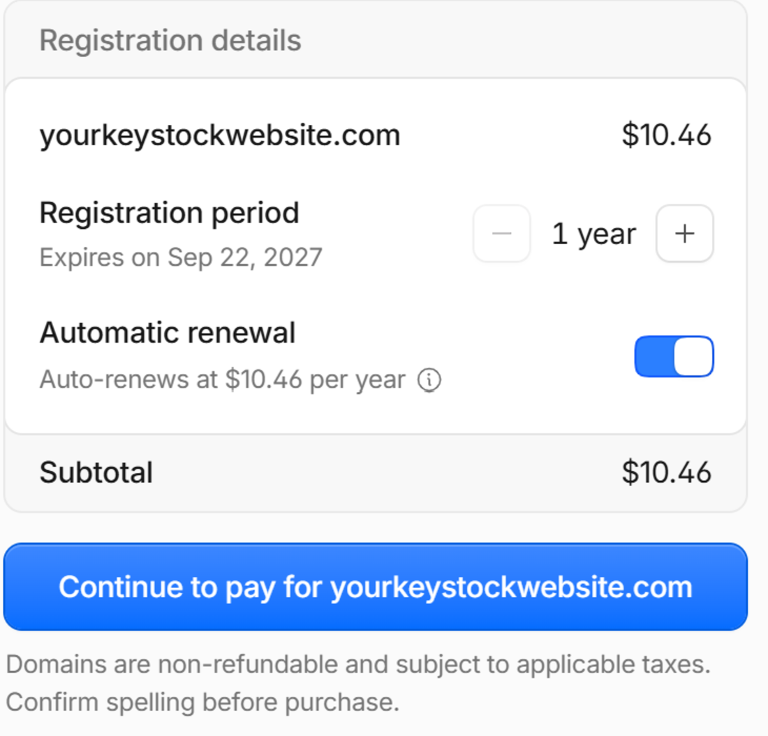 The registration details panel showing the domain at $10.46, a one year registration period, automatic renewal switched on, and a blue Continue to pay button.