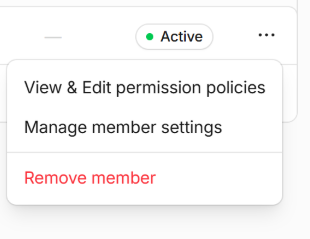 The end of a member’s row with its three-dot menu open: View and edit permission policies, Manage member settings, and Remove member in red.