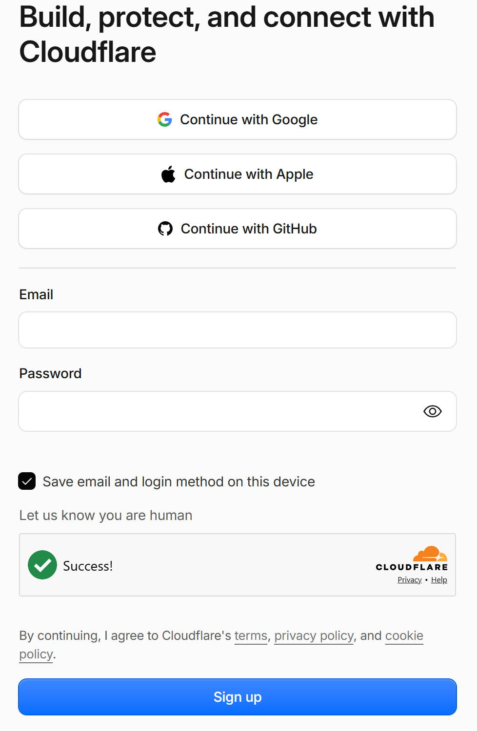 The Cloudflare sign-up page: buttons to continue with Google, Apple or GitHub, then an email and password field, then a Sign up button.